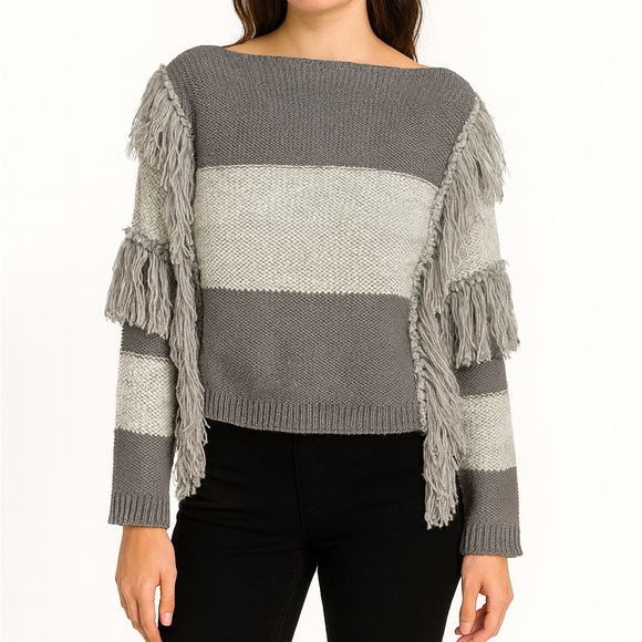 M Signature Label Collection Sweaters - Patchwork Long Fringe Black & Gray Sweater